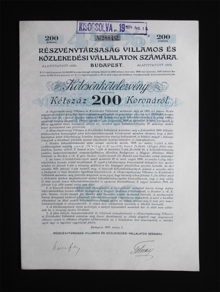 Rt Villamos s Kzlekedsi Vllalatok Szmra 200 korona 1909